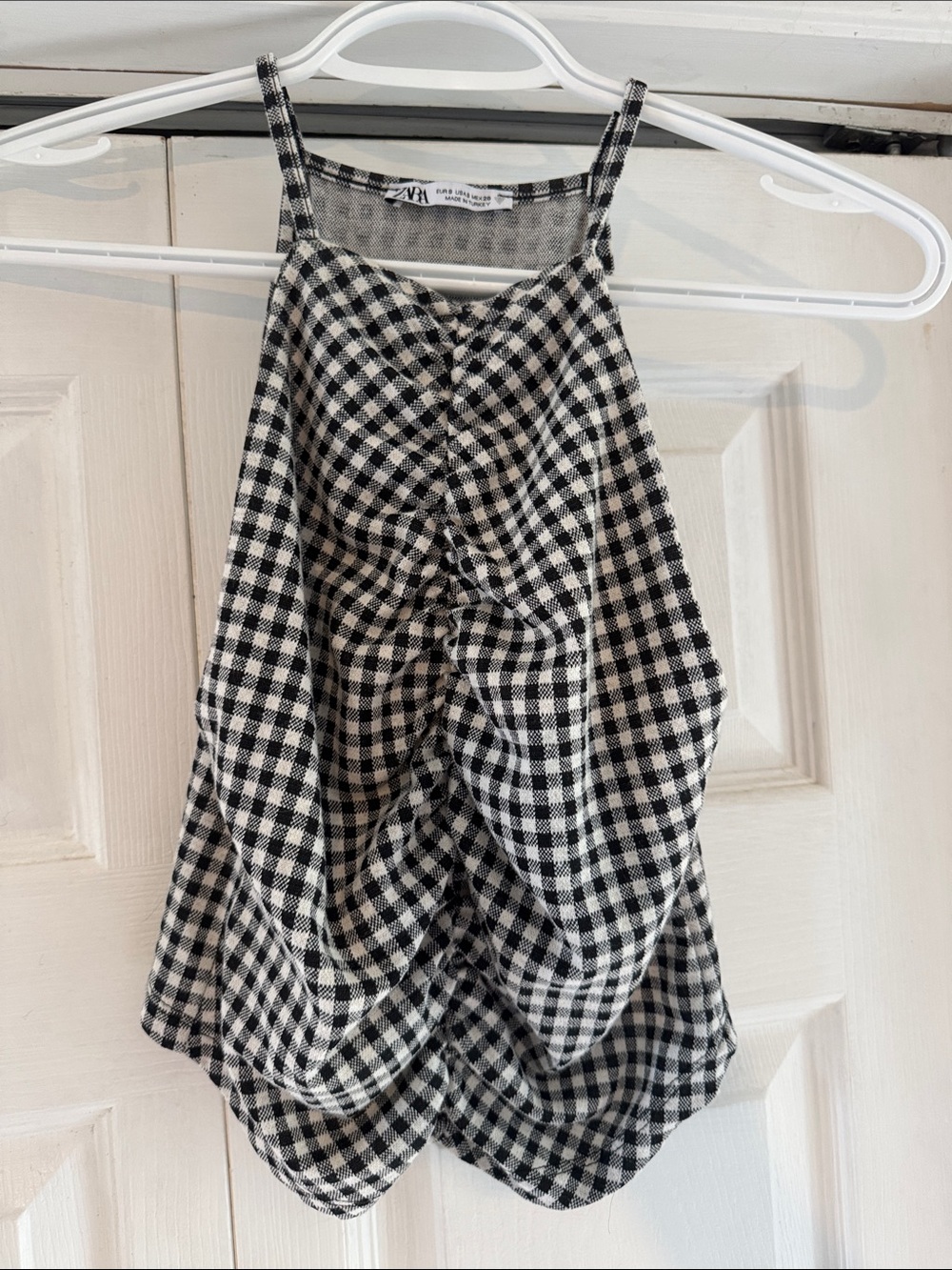 Zara small Black and White Gingham Ruched Halter crop Tank Top